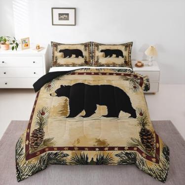 Imagem de jejeloiu Conjunto de edredom vintage com estampa de urso para todas as estações, conjunto de cama com 2 fronhas, microfibra de animais selvagens, rústica, decoração de quarto, edredom