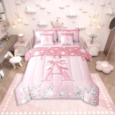 Imagem de Erosebridal Conjunto de cama king com laço rosa e laço personalizado, conjunto de cama em um saco, princesa glitter diamante com lençóis, conjunto de cama kawaii, laço alfabeto, 7 peças, decoração de