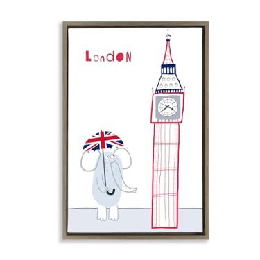 Imagem de Stupell Industries Elefante e Big Ben Londres arte de parede em tela flutuante em ouro emoldurado, design por Carla Daly, 78 x 53 cm