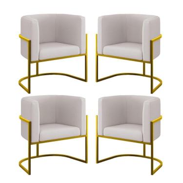 Imagem de Kit 04 Poltronas Lua Sala Decorativa Base Ferro Gold Veludo Bege