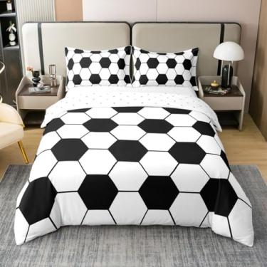 Imagem de Manfei Jogo de cama para meninos, 100% algodão puro, estampa de futebol, estampa de futebol, geométrico, xadrez, edredom (sem enchimento), jogo de cama esportivo para decoração de quarto, 2 peças