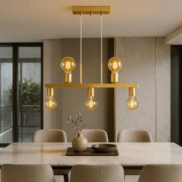 Imagem de Luminária de Teto Lustre Pendente Tugson 5 Lâmpadas Industrial (Estilo Jabuticaba) (Dourado Verniz)