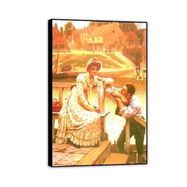 Imagem de Edmund Leighton impressão em tela namoro por reproduções de pinturas famosas Edmund Leighton pôster arte de parede para sala de estar quarto decoração de parede 90 x 60 cm (35 x 24 polegadas) moldura