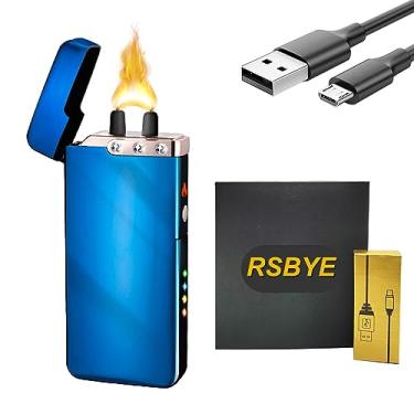 Imagem de RSBYE Isqueiro elétrico de plasma Isqueiro recarregável por USB com indicador de bateria LED sem butano, à prova de vento IdWD867eal para velas, churrasco e viagens (azul)