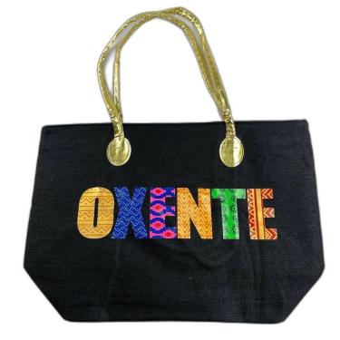 Imagem de Bolsa De Praia Palha Feminina Com Zíper De Ombro Oxente Sacola Ecobag Tote Juta Com Alça Dourada preto