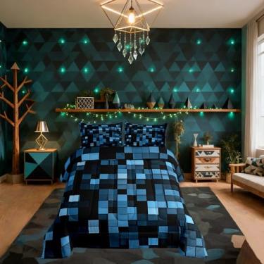 Imagem de Conjunto de edredom infantil Pixelated Blocks, tamanho casal, patchwork, videogame, decoração de quarto de meninas e meninos, edredom geométrico, edredom azul, 2 fronhas
