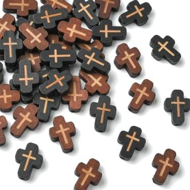 Imagem de LiQunSweet 40 peças, 2 cores, contas de madeira em forma de cruz, religioso, crucifixo de Jesus, contas espaçadoras para joias DIY, pulseira, colar, brinco, artesanato, bolsa, chaveiro, decoração de