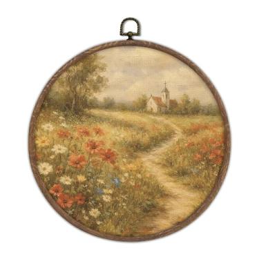 Imagem de DTLGTG Pinturas de flores silvestres do campo da natureza, arte de parede em tela emoldurada redonda, 25 x 25 cm, estampas florais rústicas de casa de banho para casa de banho, sala de estar, quarto