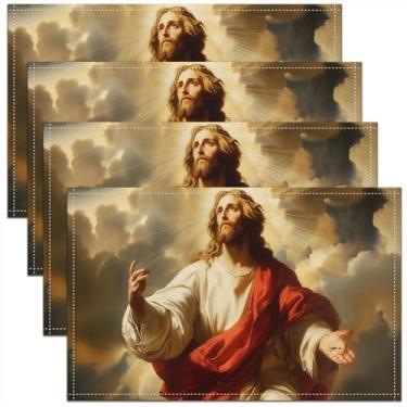 Imagem de Jogo americano cristão com versículos bíblicos, céu de nuvem dourada, tapetes de mesa com tema de versículos bíblicos para crianças, adolescentes, arte retrô, decoração de mesa de jantar, pacote com