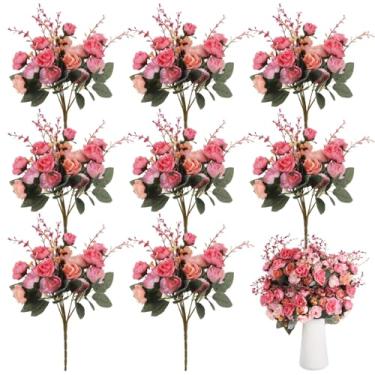 Imagem de 8 peças de buquê de rosas artificiais, 21 cabeças de flores de pano de seda realistas com folhas de plástico, pacotes de decoração floral sintética para centros de mesa de casamento, decoração de