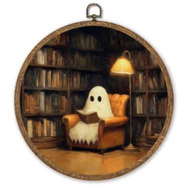 Imagem de WMSYUO Arte de parede redonda Ghost Café, 25 x 25 cm, Dark Academia Cottagecore Halloween, livraria aconchegante e arte de café para decoração de casa ou sala de leitura no outono (Brown-Ghost02)