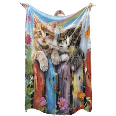 Imagem de zbezbe Cobertor de flanela de gato fofo, cerca de arco-íris e cobertores de flores coloridas, leve, macio e aconchegante para cadeira, cama, sofá, acampamento, viagem, decoração de casa, presentes