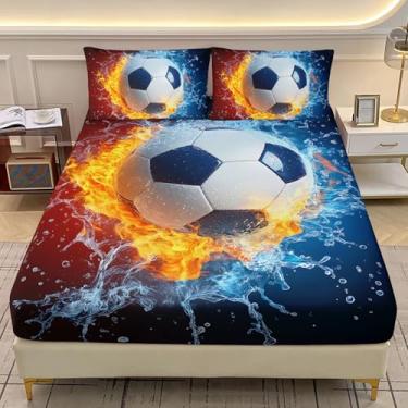 Imagem de AILONEN Jogo de lençol solteiro, macio, com estampa de futebol, gelo e fogo 3D, lençol com bolso profundo com 2 fronhas, 3 peças