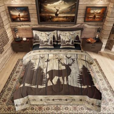 Imagem de Erosebridal Jogo de cama king de veado fofo, 7 peças, para meninos, retrô, caça, chifres de alce, com lençóis, cama rústica de fazenda em uma bolsa, conjunto de cama de madeira marrom para quarto de