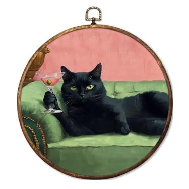 Imagem de Fyecoluo Arte de parede em tela redonda de gato preto Martini, arte em tela emoldurada de gatinho eclético caprichoso rosa, círculo de amantes de gatos e martini, impressão para pendurar na parede