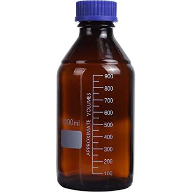 Imagem de Basstein Garrafas âmbar de armazenamento de mídia de laboratório recipiente de vidro graduado marrom GL45 tampa de rosca à prova de vazamento multiuso para científicos | Pacote com 4 (azul, 1000 ml)