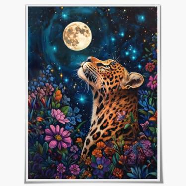 Imagem de Retrato de animal vintage arte de parede flores de leopardo e lua pôster leopardo vintage retrato arte divertida arte de parede animal clássica 30,5 x 40,6 cm sem moldura