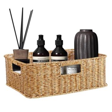 Imagem de Cesta de armazenamento de vime rústico com alças – trama entrelaçada reforçada, orifícios de drenagem e grande capacidade para cozinha, despensa e organização do banheiro, 35,5 x 23 x 17,8 cm (estilo