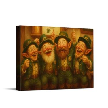 Imagem de Impressão de arte Four Cheering Leprechauns, arte de parede em tela do dia de São Pátirck, decoração de parede do dia de São Pátiro para bar pub, presente de bênção irlandesa, pôster verde emoldurado