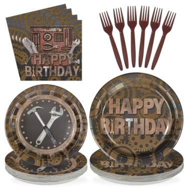 Imagem de 96 peças, utensílios para festa de aniversário, pratos e guardanapos mecânicos, caixa de ferramentas descartáveis, chave de engrenagem, alicate de martelo, conjunto de utensílios de mesa para meninos