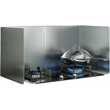 Imagem de HYUIO Protetor contra respingos de fogão de 4 lados, protetor de respingos de graxa de aço inoxidável dobrável, placa de isolamento contra respingos de óleo para frigideiras