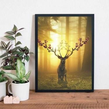 Imagem de Quadro Alce Com Chifre De Flores Moldura Branca 33X24Cm - Quadros On-L