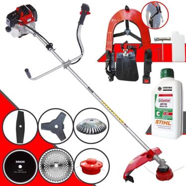 Imagem de Roçadeira Lateral Toyama RT52-L 52cc Com Lâmina Facão, Lâmina 3 Pontas, Lâmina 40 Dentes de Vídea, Lâmina 80 Dentes + Escova de Aço + ÓLEO STIHL 2T