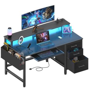 Imagem de Mesa preta para jogos com gavetas de tecido – Mesa de escritório preta de 123 cm com armário de arquivos, bandeja de teclado, suporte para monitor de tomadas, mesas de trabalho para adultos, meninos