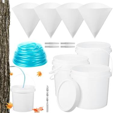 Imagem de LOYIM 4 conjuntos de kit de batida de xarope de bordo incluídos 4 baldes com tampa, 4 torneiras de metal, 4 filtros, 1 tubo (32,8 pés), 1 torneira e broca para especialistas ou iniciantes, suprimentos