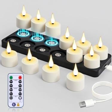 Imagem de yunsheng Velas magnéticas recarregáveis para chá com base de carregamento preta e temporizador remoto, 12 peças de luzes de chá operadas por bateria, velas votivas LED sem chama para decoração de