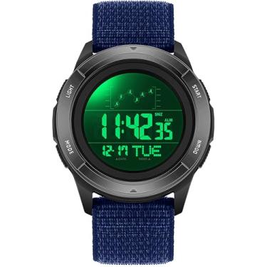 Imagem de Relógio digital masculino com pulseira de nylon, vermelho, esportivo, relógio de pulso para homens e mulheres com contagem regressiva de LED, dia, data, horário duplo, alarme, cronômetro, Azul