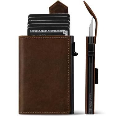 Imagem de LORZOR Carteira masculina fina com trava de segurança, porta-cartões de metal pop-up, carteiras duplas de couro de flor integral, inteligente, minimalista, bloqueio RFID, bolso frontal, janela para