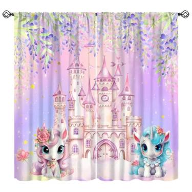 Imagem de Cortinas de unicórnio de castelo de fantasia, princesa mágica conto de fadas mundo roxo rosa estrelas cintilantes decoração de flores de glicínia tratamento de janela para crianças meninas quarto sala