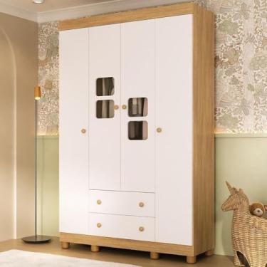 Imagem de Guarda-roupa Infantil 122cm com Vidro 4 Portas e 2 Gavetas Sol Multimóveis Mp4420 Madeirado/branco