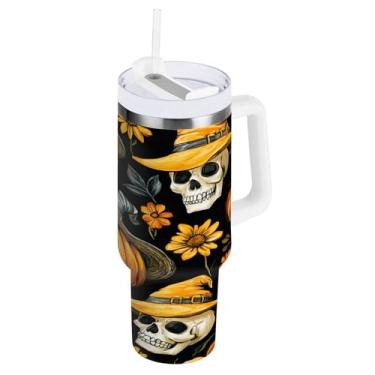 Imagem de STAYTOP Copo de caveira de abóbora de Halloween de 850 g com tampa e canudo, copo isolado de aço inoxidável durável à prova de vazamento com alça, garrafas de água à prova de derramamento para viagens