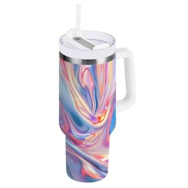 Imagem de Qilmy Copo com estampa de folha de estanho pintada de arco-íris de 850 g com tampa e palha, copo isolado de aço inoxidável durável à prova de vazamento com alça, garrafas de água à prova de