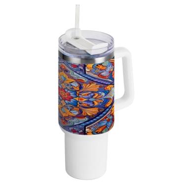 Imagem de Kigai Copo de 1,134 g com tampa e canudo, azulejos de cerâmica estilo mexicano, à prova de vazamento, durável, copo isolado de aço inoxidável com alça, garrafas de água à prova de derramamento para