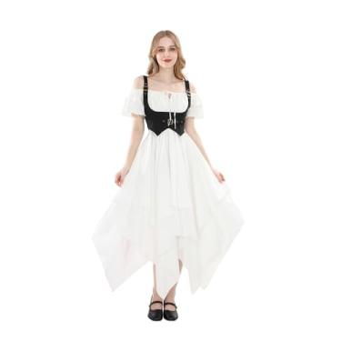 Imagem de Nuoqi Vestido Renascentista feminino tomara que caia Ren Faire fantasia medieval vestido espartilho de fada, Branco e preto #1589, G