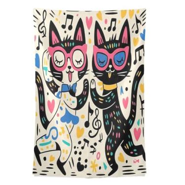 Imagem de STAYTOP Tapeçaria 2 tapeçarias engraçadas de gatos de desenho animado para decoração de casa decoração de dormitório sala de estar quarto tapete de parede (60 × 40 pol)
