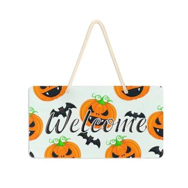 Imagem de Burbuja Placa de boas-vindas de abóboras de desenho animado para porta da frente, placa de boas-vindas de PVC para decoração de férias, 15 x 28 cm