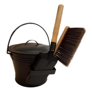 Imagem de Baoblaze Balde para cinzas de lareira com pá e vassoura de mão, portátil, ferramentas essenciais para lareira, balde de metal essencial para fogueiras internas