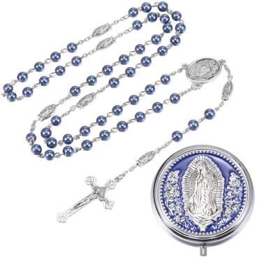 Imagem de Weyuley 2 peças/1 conjunto de colar de contas de oração com cruz católica e conjunto de caixa de joias da Virgem Maria. É um presente religioso ideal para batismo e oração., free size, Aço inoxidável