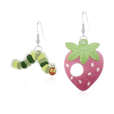 Imagem de Seakuur Brincos pendentes femininos de acrílico comendo lagarta morango cereja assimétrico fofo divertido fruta animal brincos comida tema inseto novidade joias, Large, Acrílico, Sem pedra preciosa