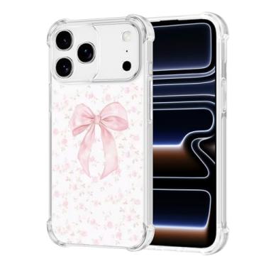 Imagem de Vulfwela Capa para iPhone 17 Pro de 6,3 polegadas com laço rosa, linda estampa de flores estéticas rosadas, capa de telefone transparente para mulheres e meninas, antiamarelamento, antiqueda, à prova