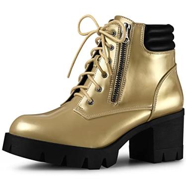 Imagem de Perphy Botas femininas de salto grosso com cadarço e plataforma, Dourado, 35