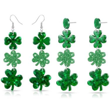 Imagem de Acessórios de Dia de São Patrício para mulheres, trevo trevo, conjunto de 2 brincos de Dia de São Patrício, coração verde da sorte, brincos de quatro folhas, presente de boa sorte