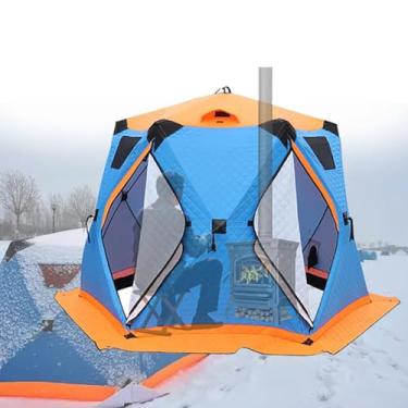 Imagem de Barraca de Pesca no Gelo Pop-Up, Abrigo Portátil Isolado para 6-8 Pessoas, Abrigo para Pesca no Gelo com Entrada para Aquecedor e Chaminé, Barraca Hexagonal, Para Conforto no Inverno-Blue