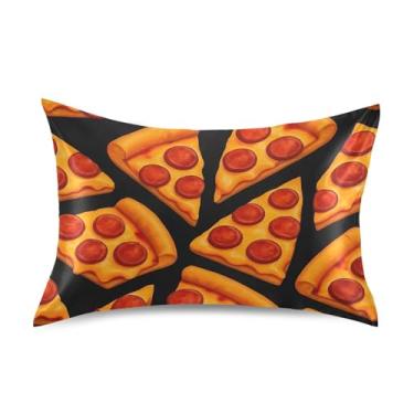 Imagem de Travesseiros de cetim preto com desenho animado pizza para cabelo colorido refrescante king queen travesseiros cama presentes de vida saudável tamanho padrão 66 cm x 50 cm
