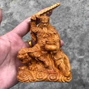 Imagem de FENNYYAR Escultura em madeira de cipreste de penhasco Zhao Gongming Estátua de Tigre, 10 cm 9,9 cm, Ornamento Taoísta de Decoração de Casa do Deus da Riqueza