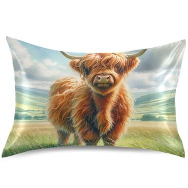 Imagem de Linda capa de almofada de cetim de vaca Highland com estampa de arte padrão Queen King Size, 101,6 cm x 50,8 cm